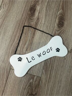 White 'Le Woof' Dog Bone Wall Sign by